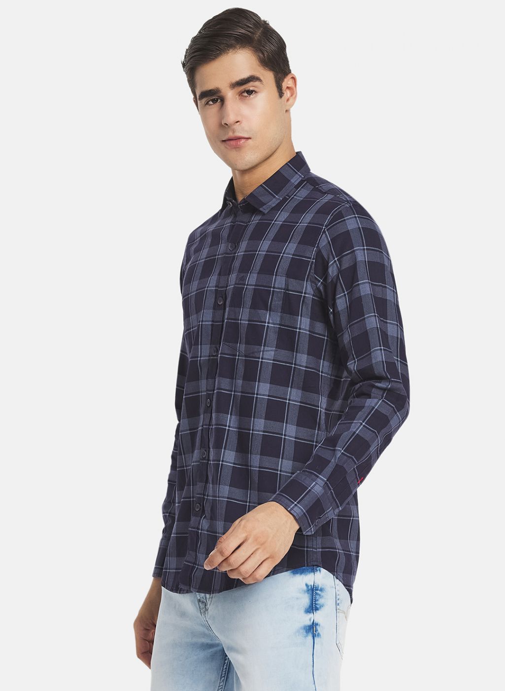 Men Navy Blue Check Shirt