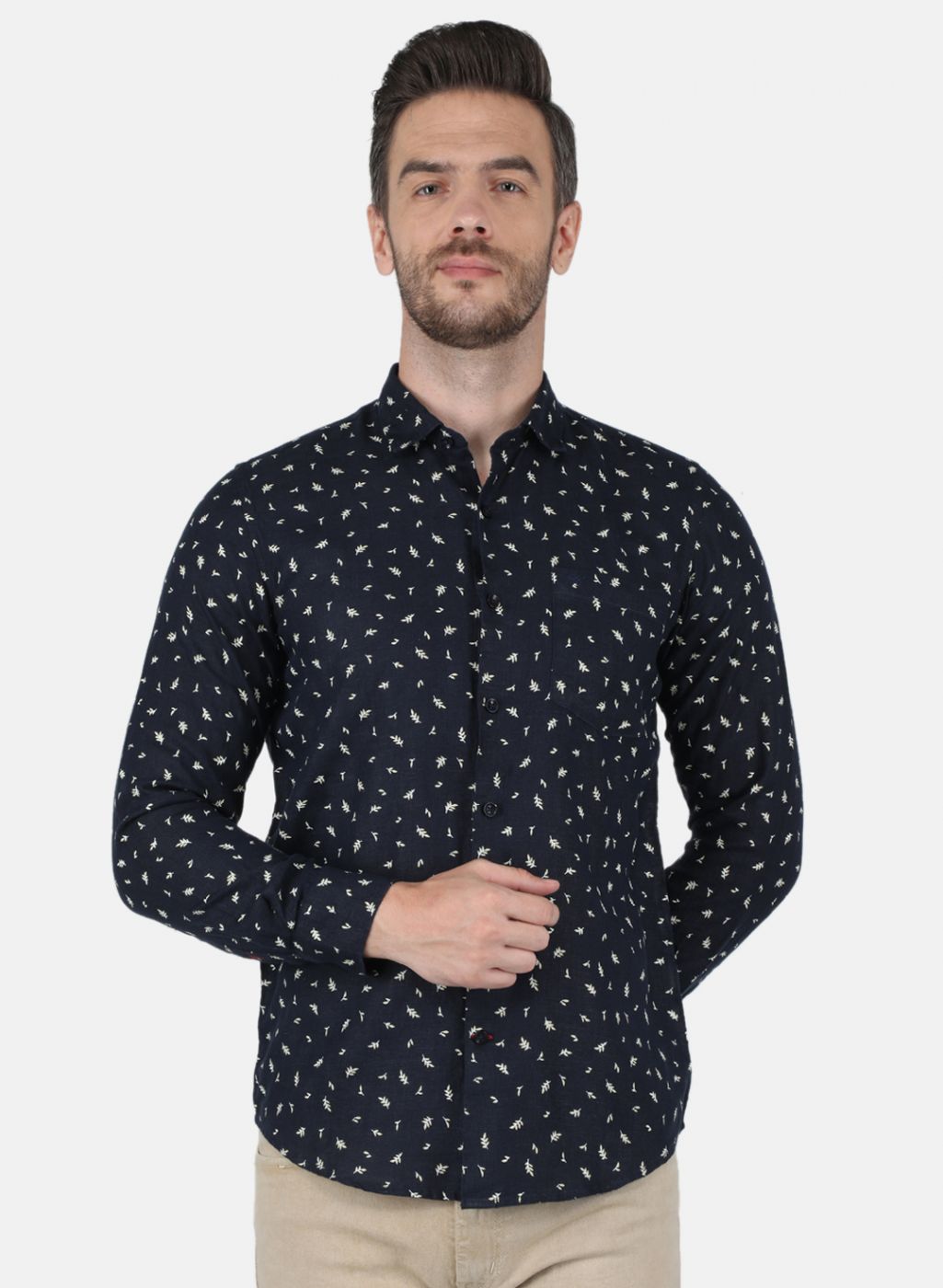 Men Navy Blue Printed Linen Shirt