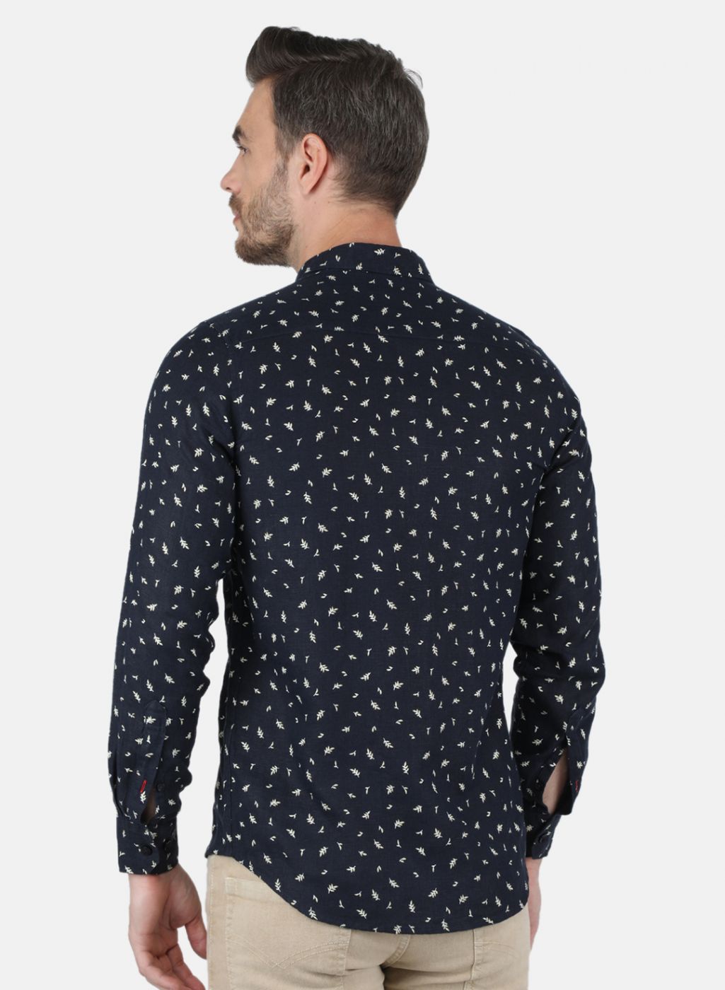 Men Navy Blue Printed Linen Shirt