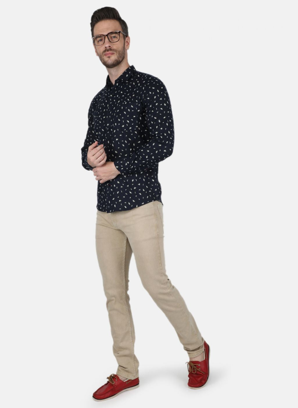 Men Navy Blue Printed Linen Shirt
