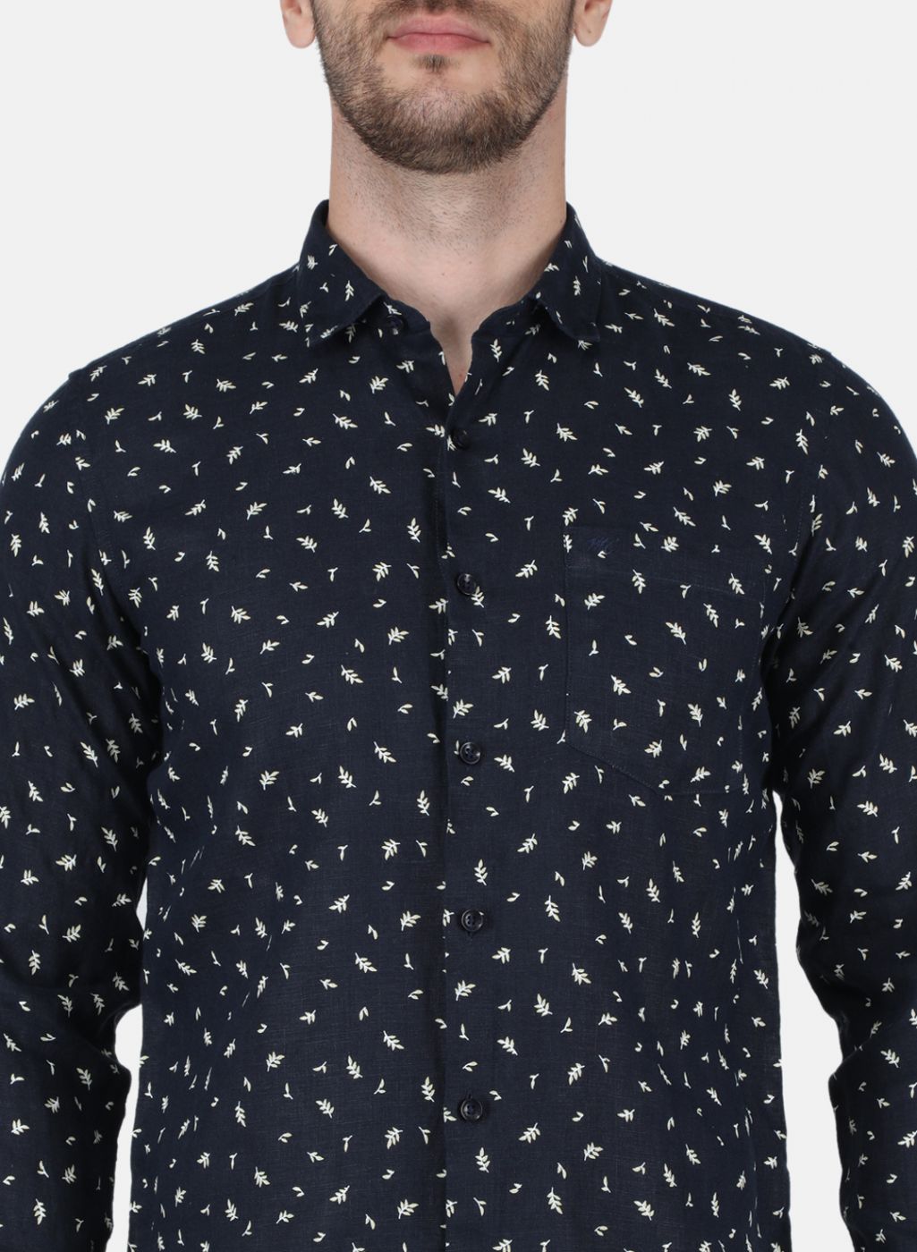 Men Navy Blue Printed Linen Shirt