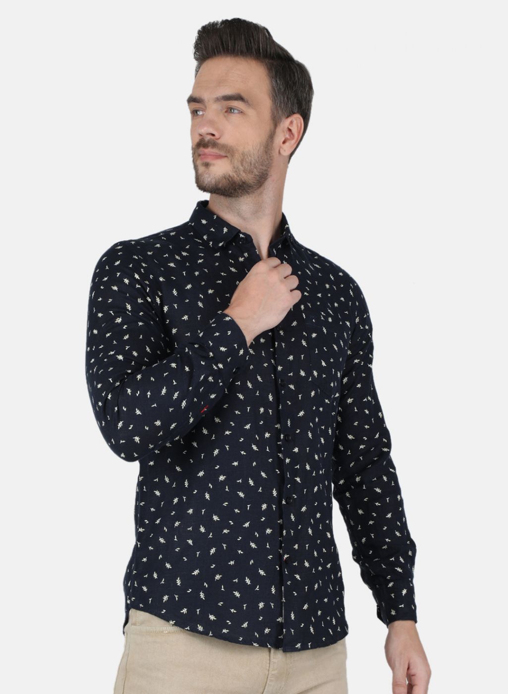 Men Navy Blue Printed Linen Shirt