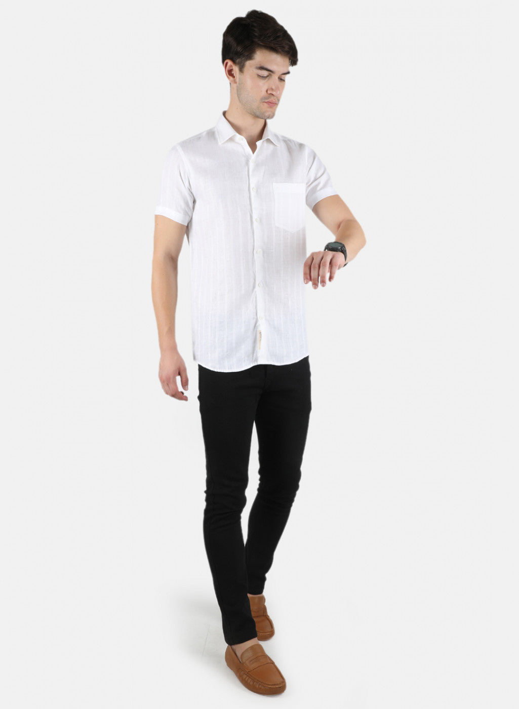 Men White Printed Linen Shirt