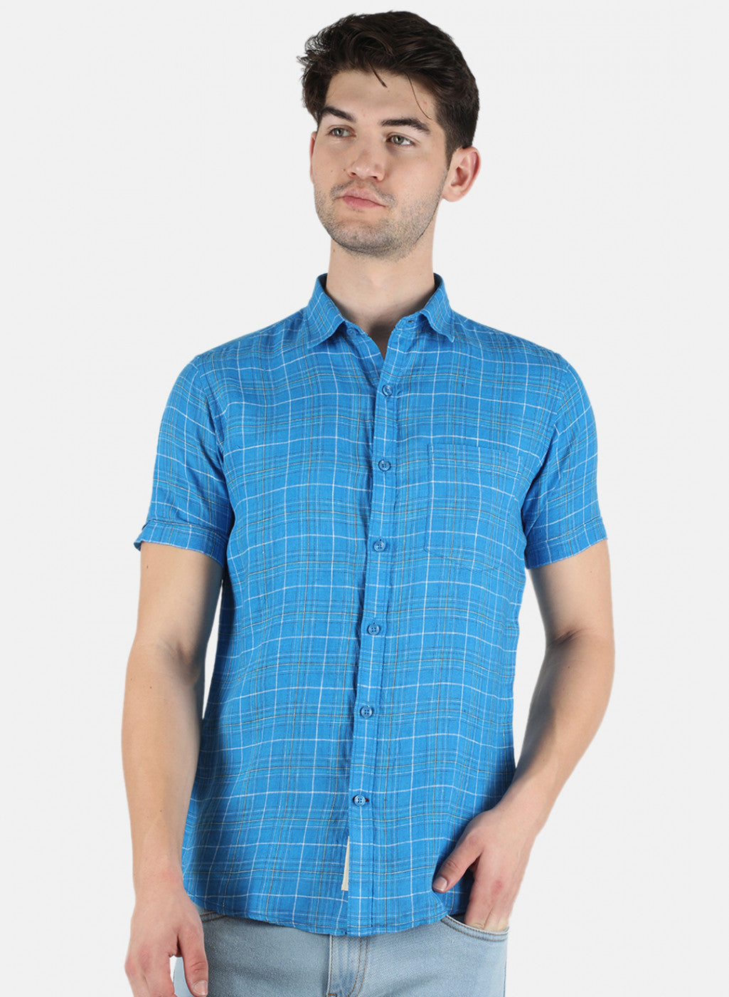 Men NAvy Blue Printed Linen Shirt