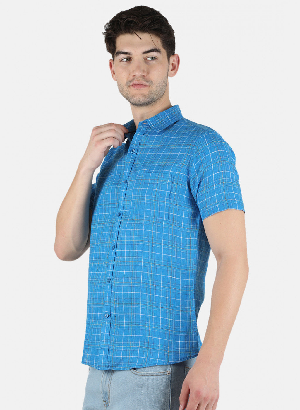 Men NAvy Blue Printed Linen Shirt