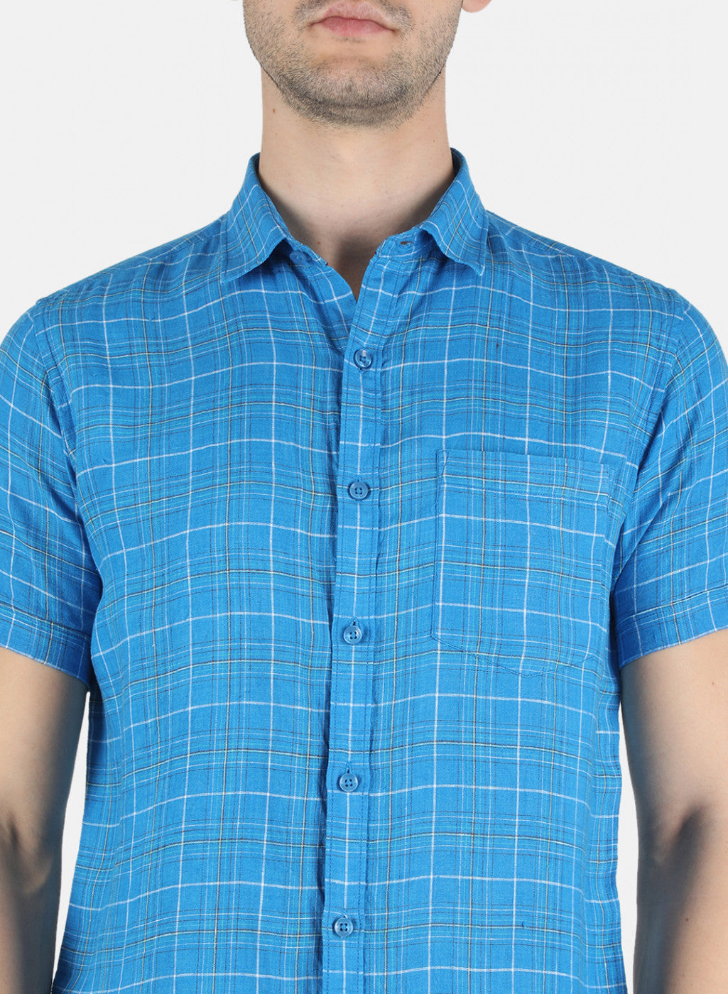 Men NAvy Blue Printed Linen Shirt
