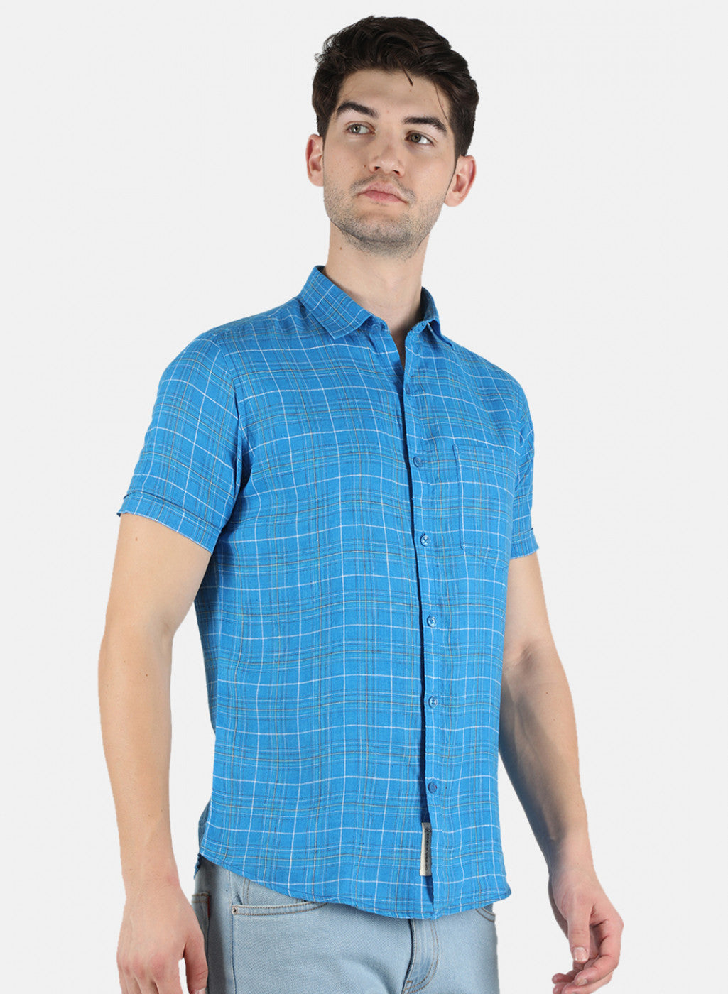 Men NAvy Blue Printed Linen Shirt