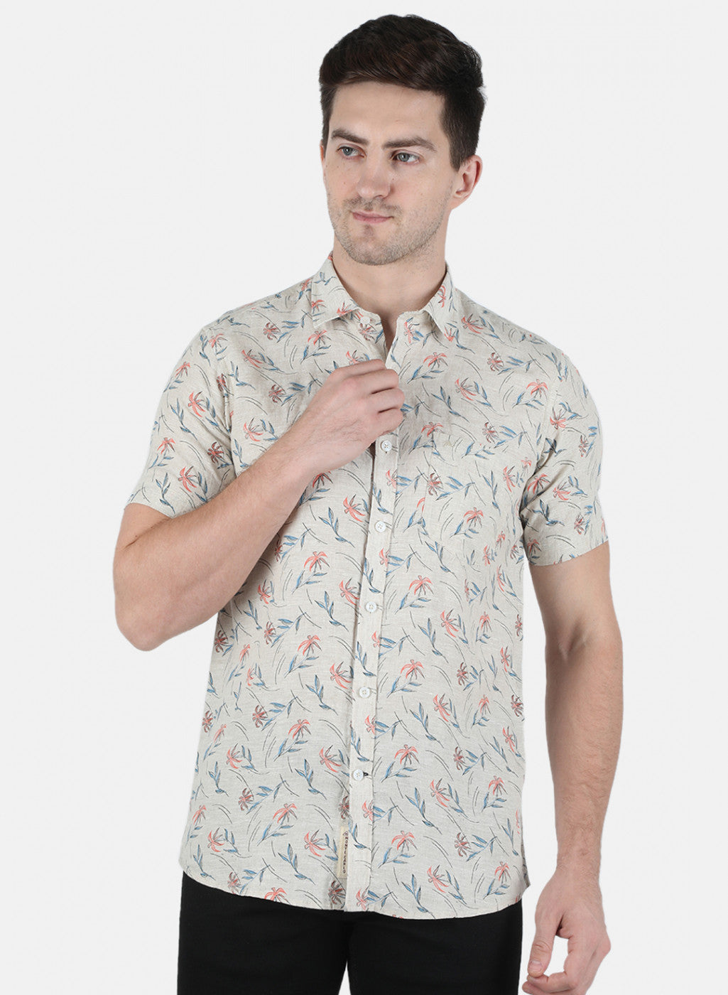 Men Beige Printed Linen Shirt