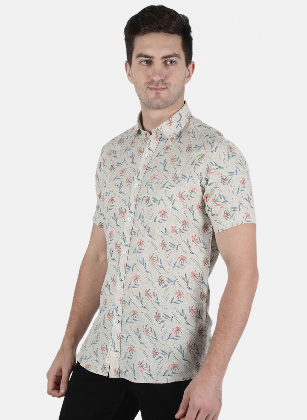 Men Beige Printed Linen Shirt