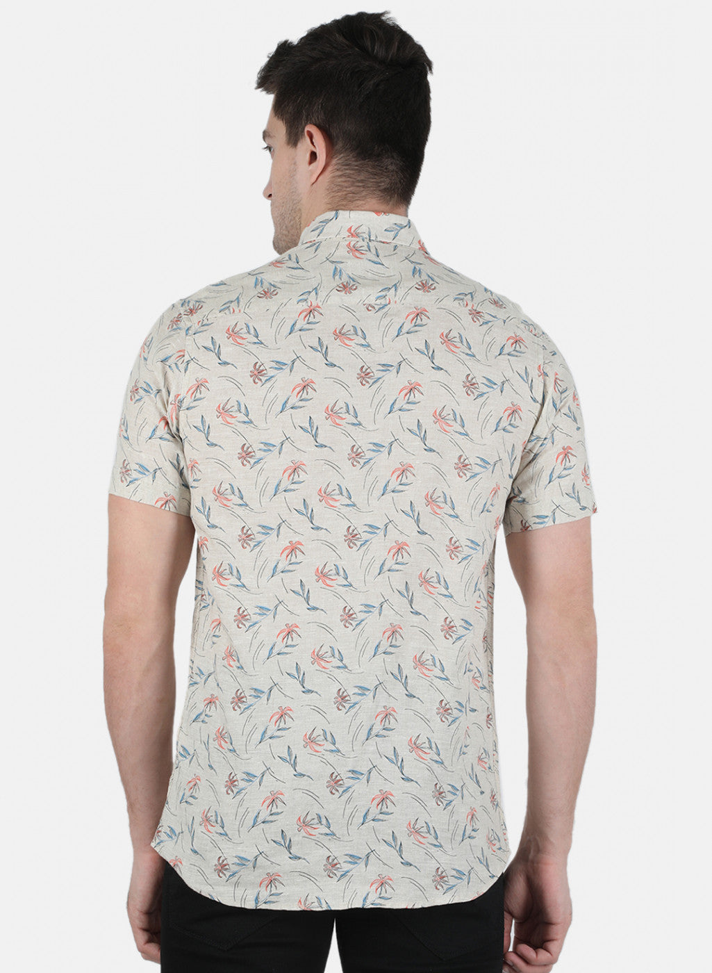 Men Beige Printed Linen Shirt