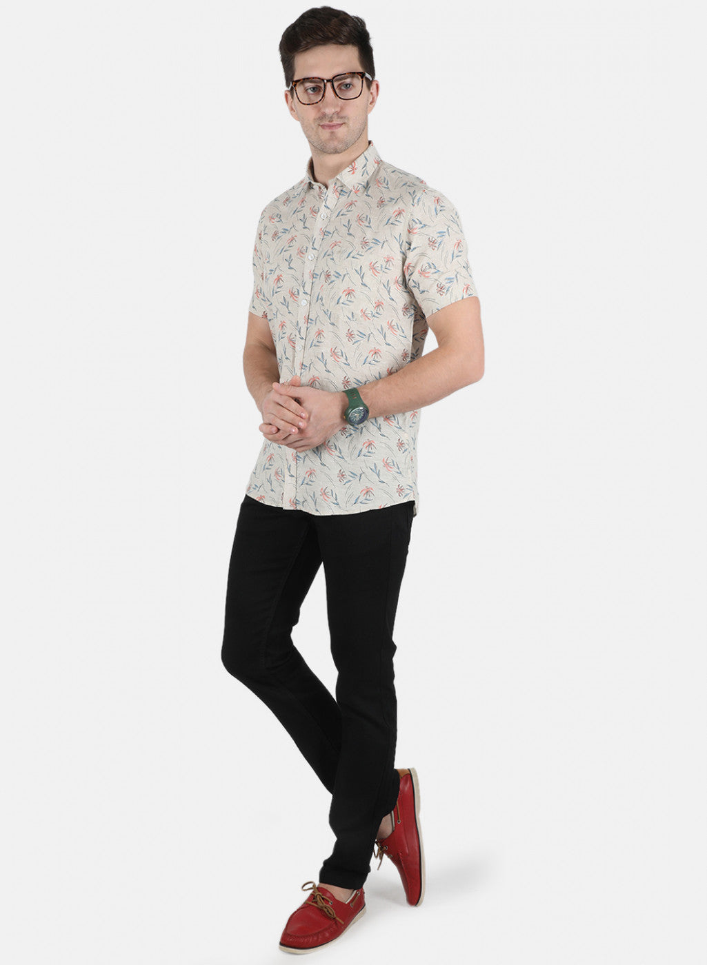 Men Beige Printed Linen Shirt