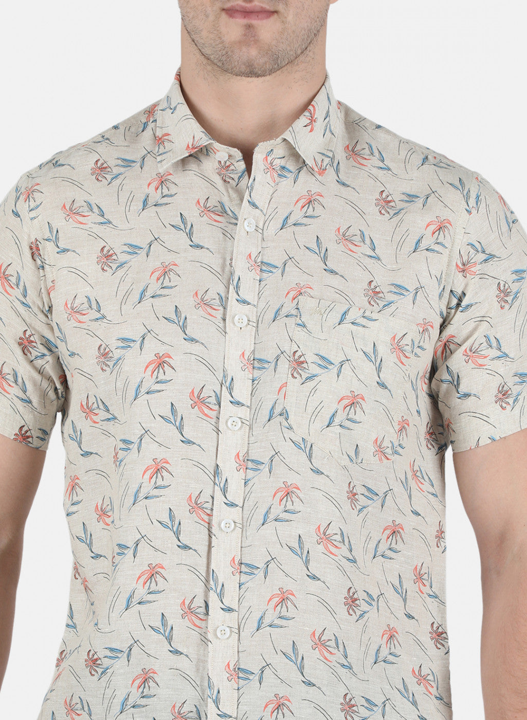 Men Beige Printed Linen Shirt