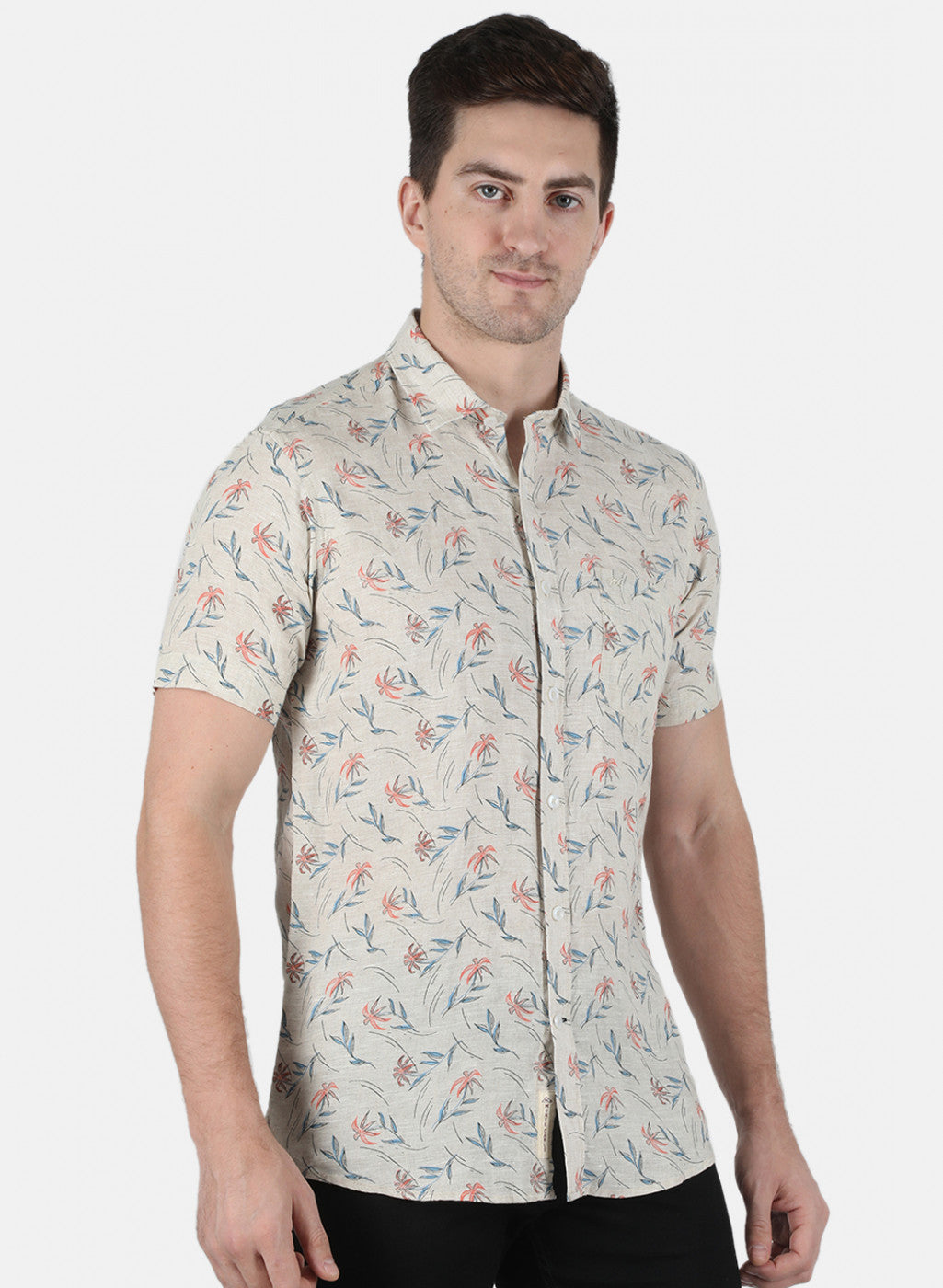 Men Beige Printed Linen Shirt