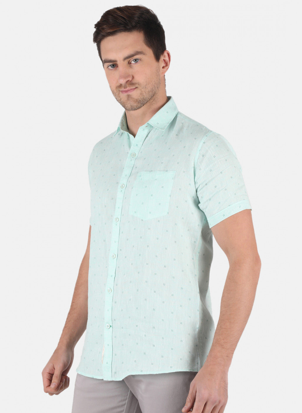 Men Aqua Blue Printed Linen Shirt