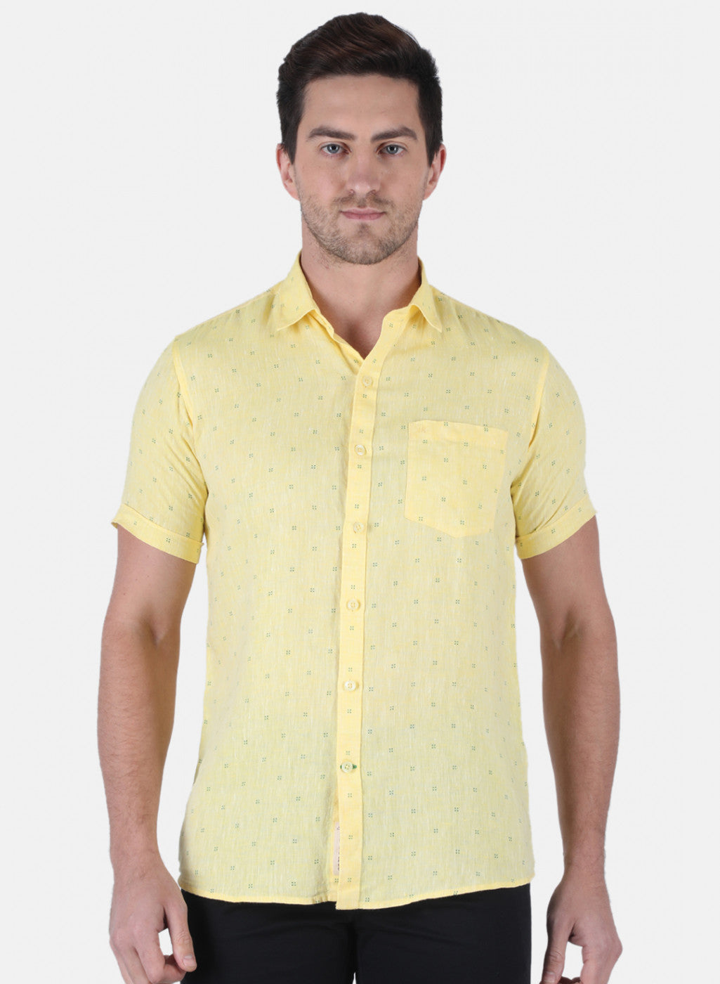 Men Yellow Printed Linen Shirt