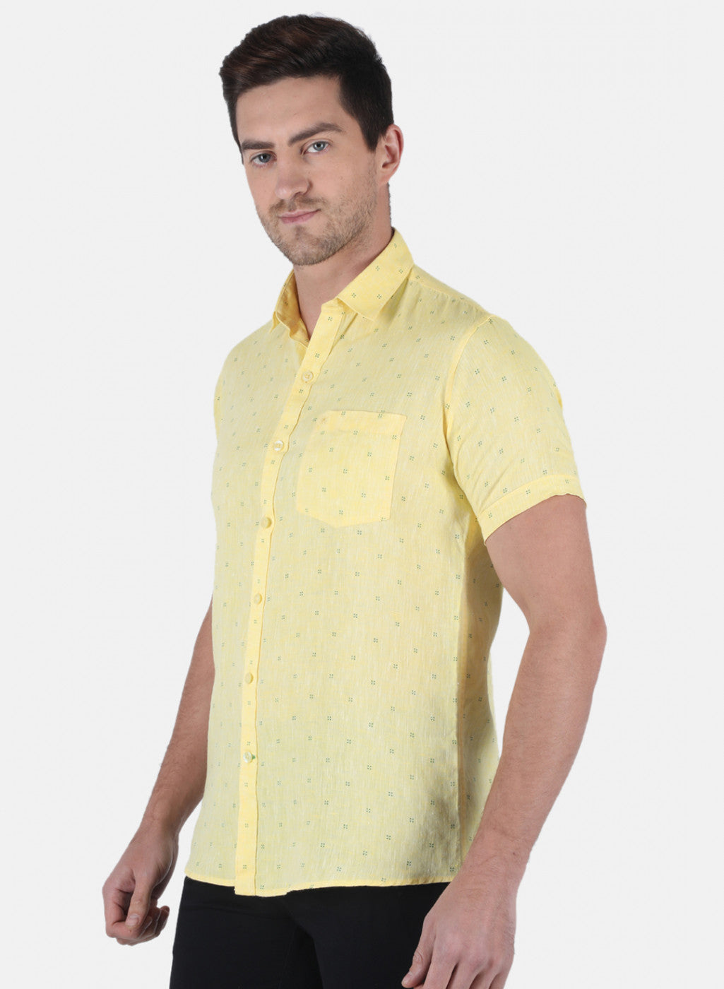 Men Yellow Printed Linen Shirt