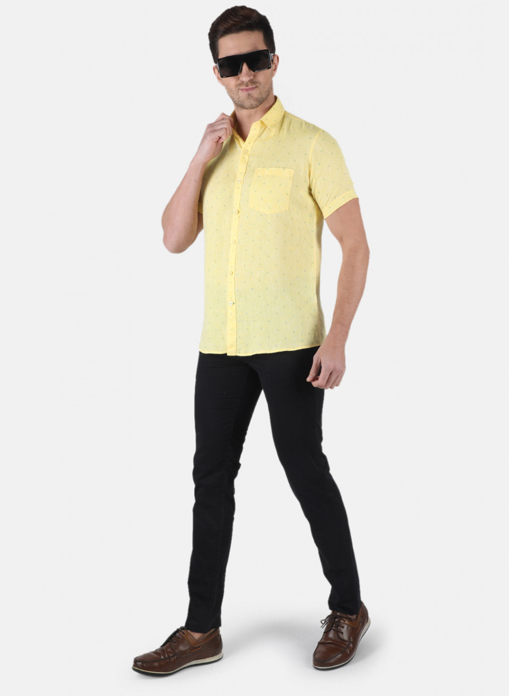 Men Yellow Printed Linen Shirt