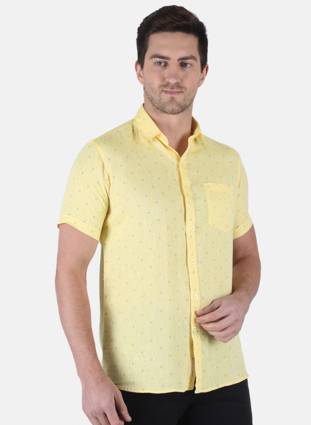 Men Yellow Printed Linen Shirt