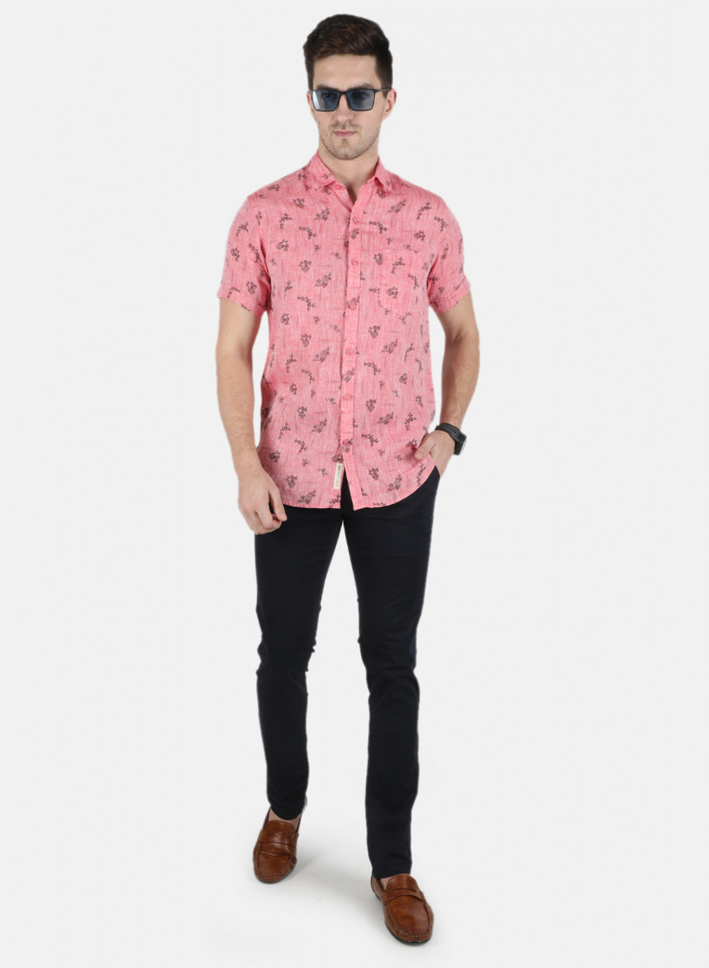 Men Pink Printed Linen Shirt