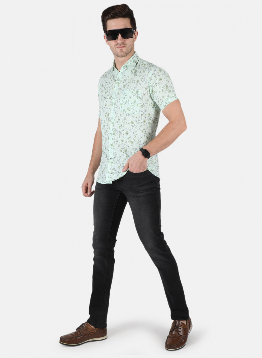 Men Green Printed Linen Shirt