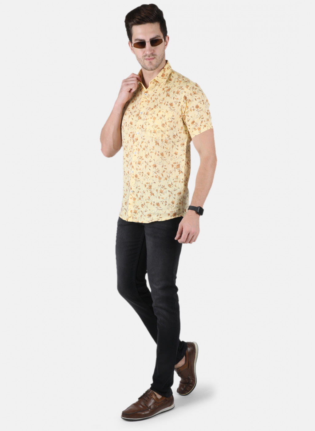 Men Yellow Printed Linen Shirt