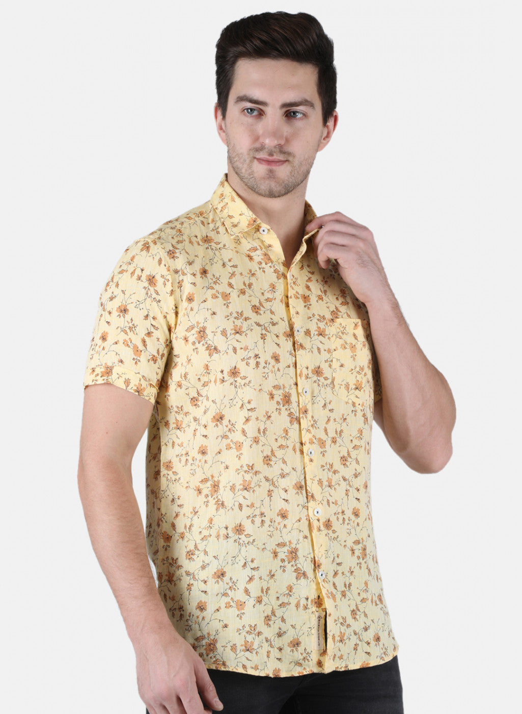 Men Yellow Printed Linen Shirt