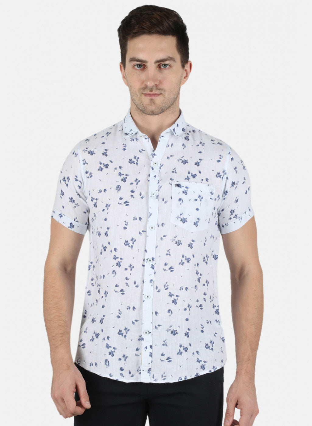 Men Blue Printed Linen Shirt