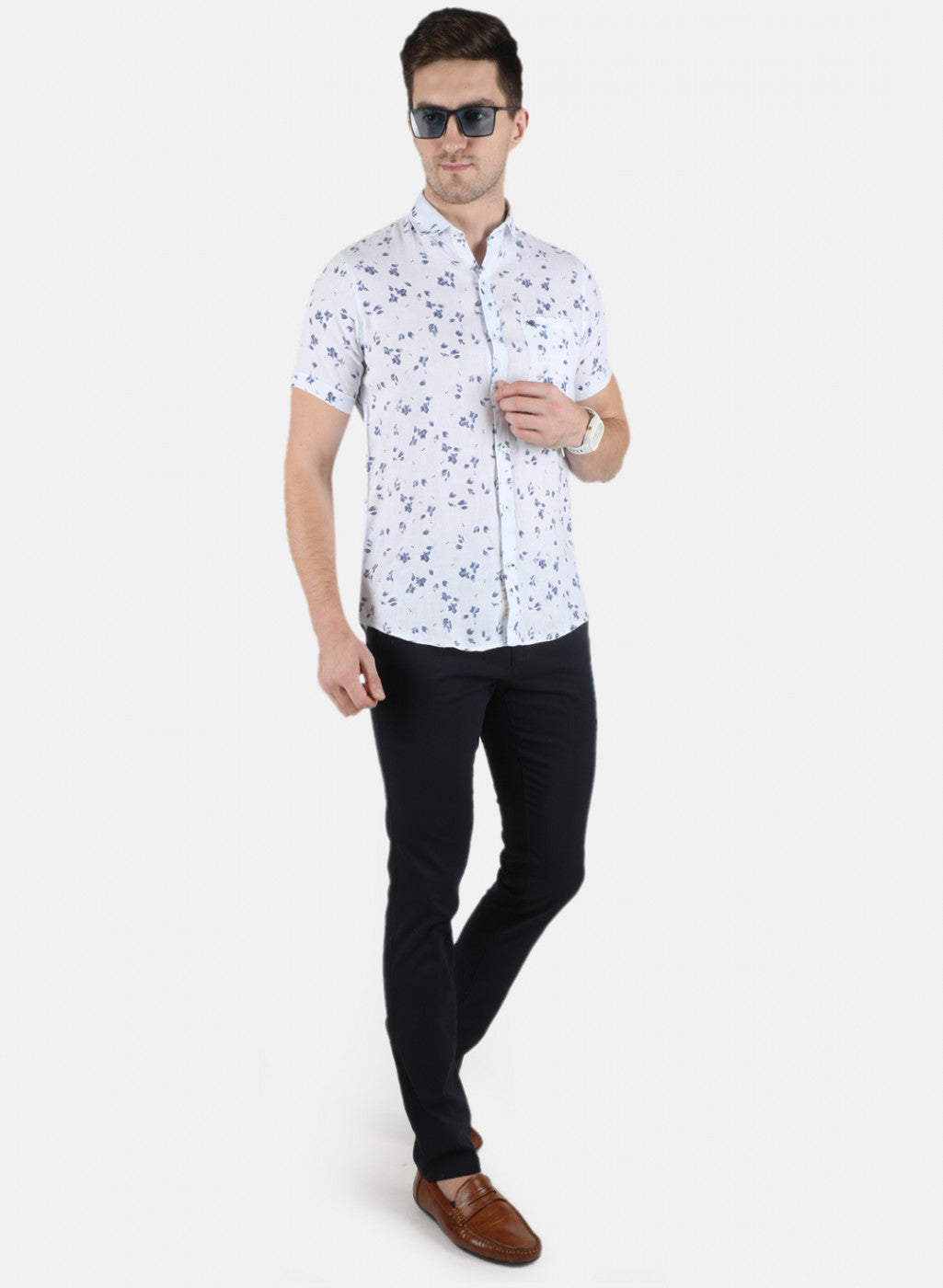 Men Blue Printed Linen Shirt