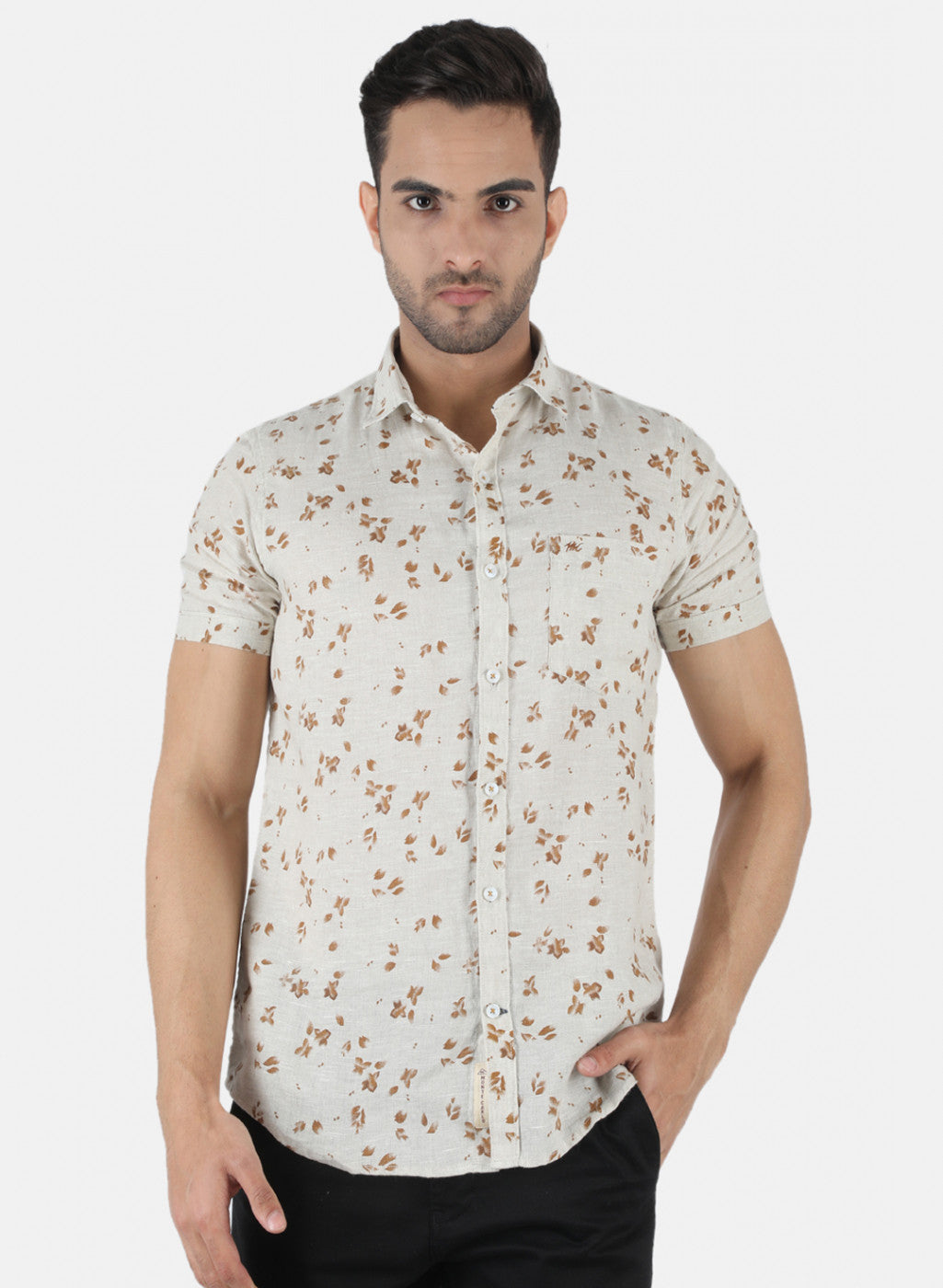 Men White Printed Linen Shirt
