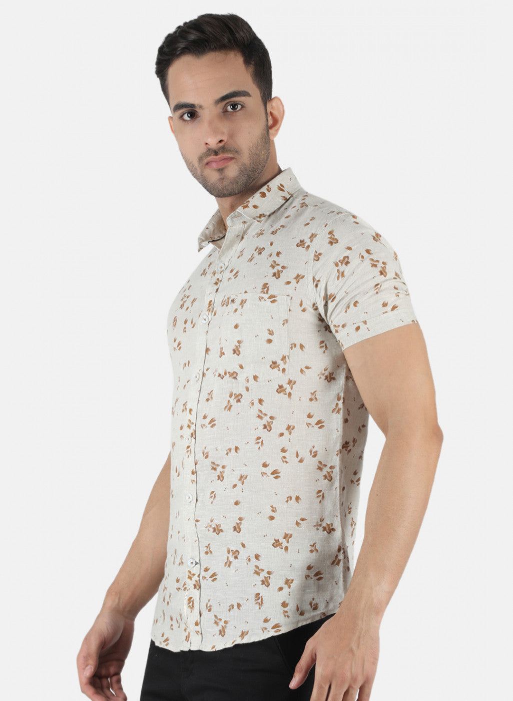 Men White Printed Linen Shirt