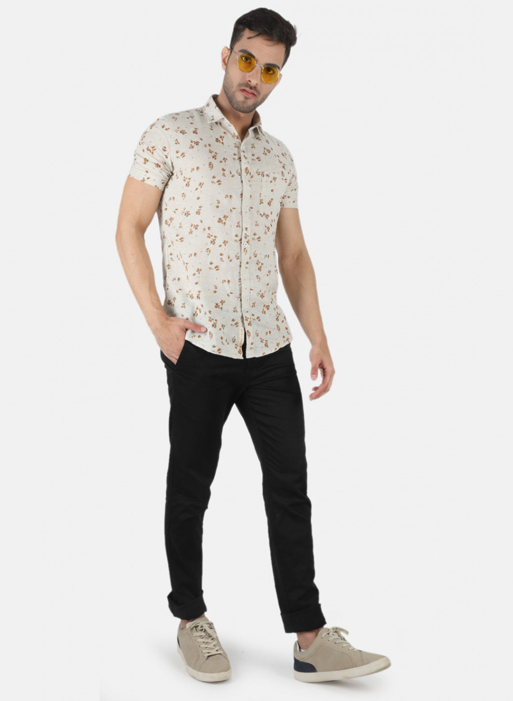 Men White Printed Linen Shirt