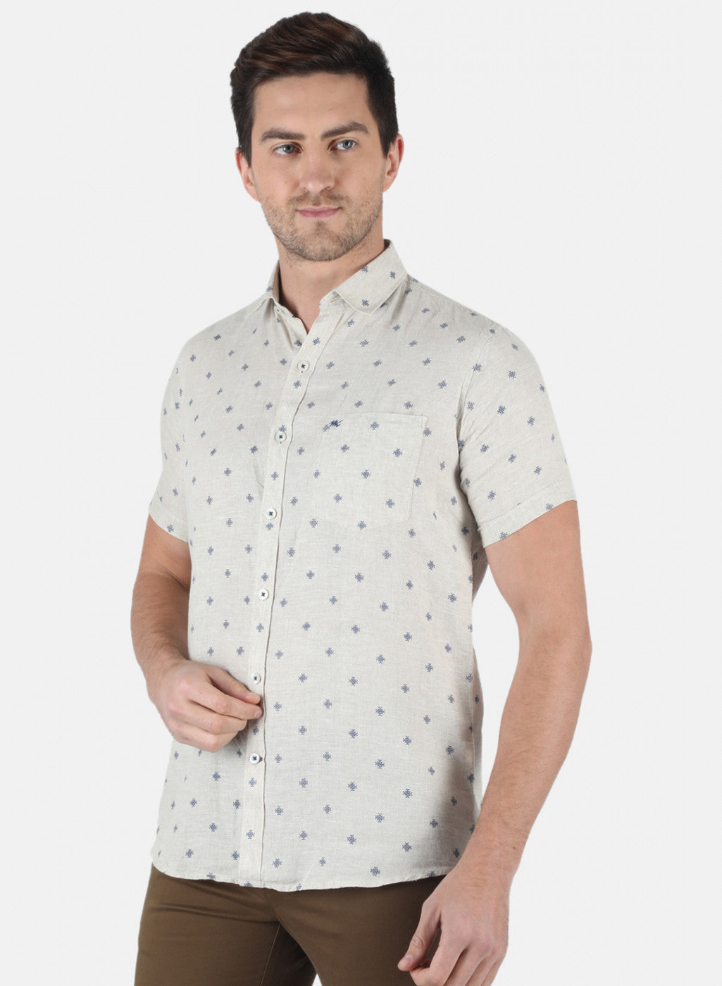 Men Sky Blue Printed Linen Shirt