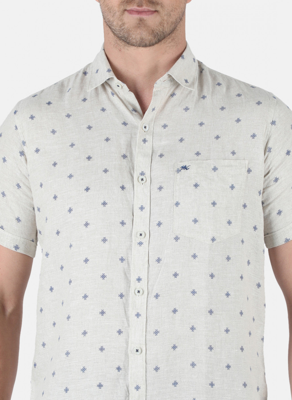 Men Sky Blue Printed Linen Shirt