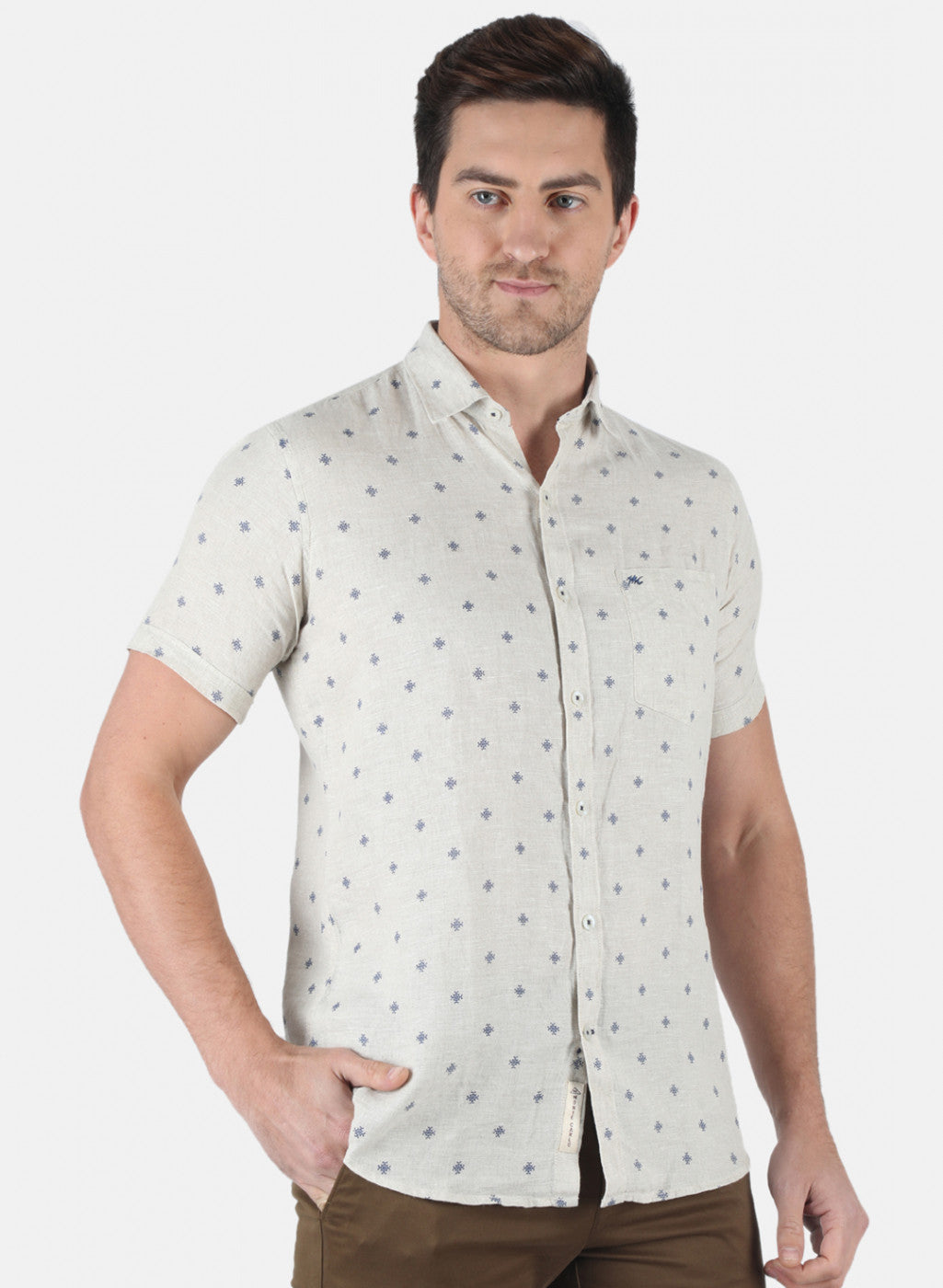 Men Sky Blue Printed Linen Shirt