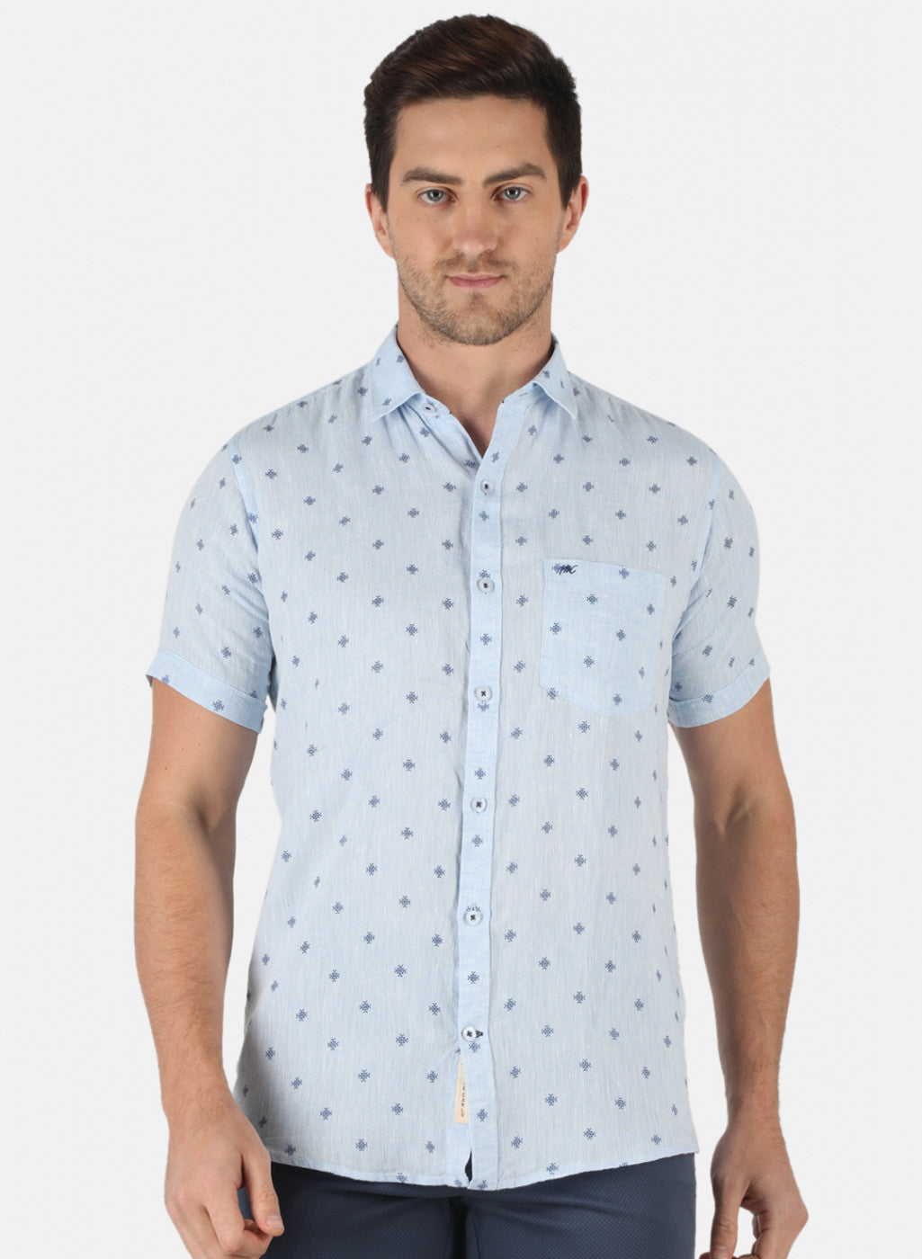 Men Blue Printed Linen Shirt