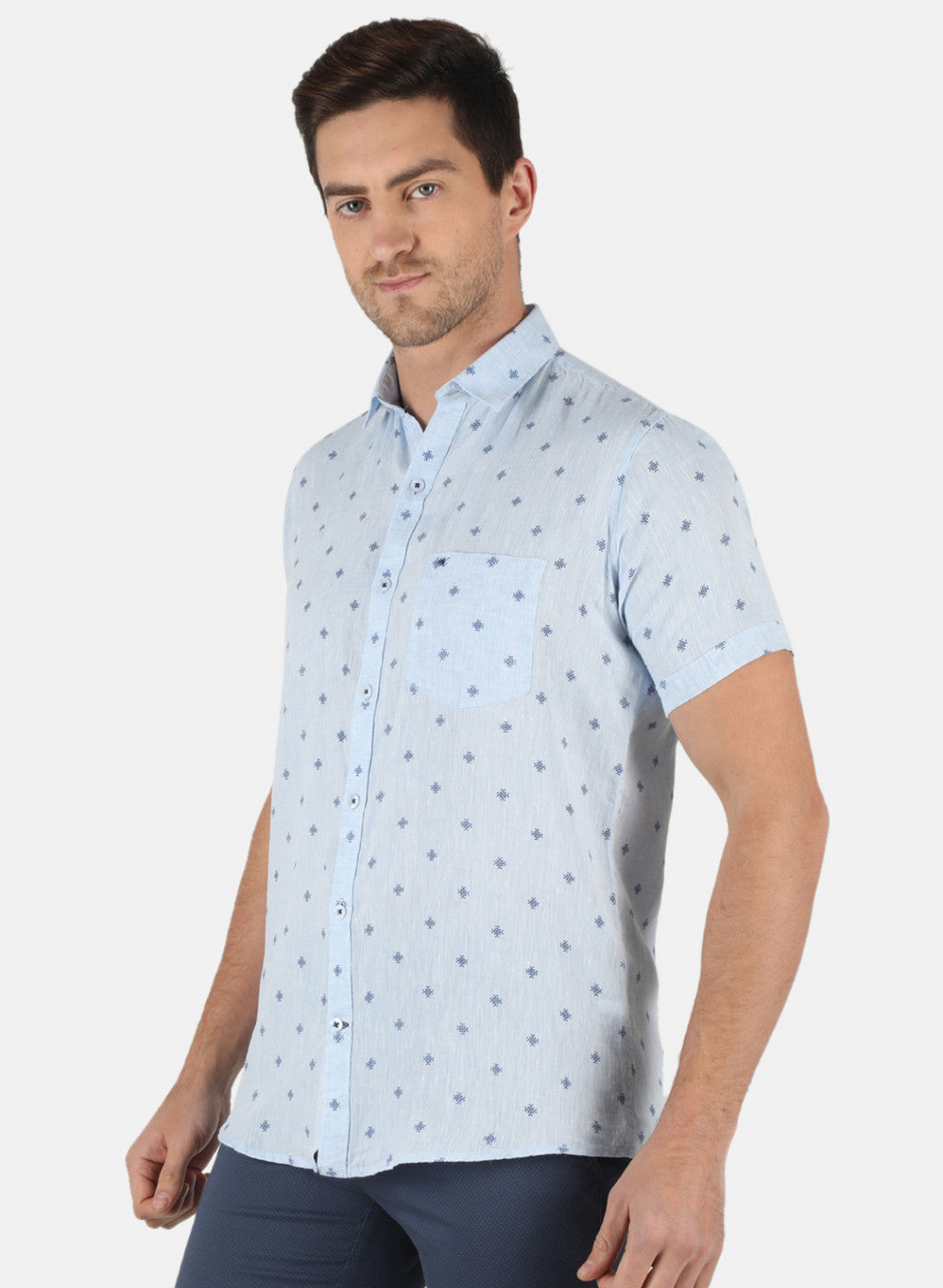 Men Blue Printed Linen Shirt