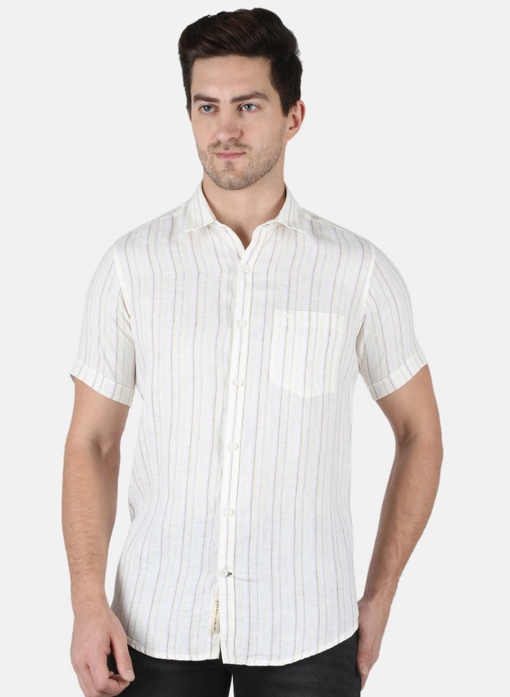 Men Yellow Stripe Linen Shirt