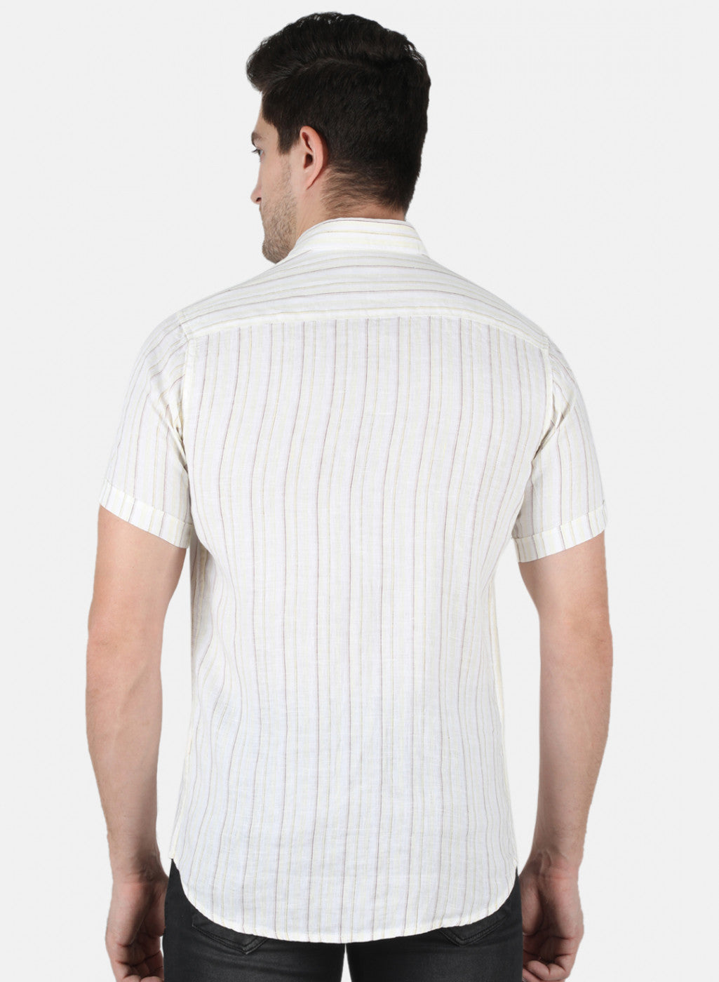 Men Yellow Stripe Linen Shirt