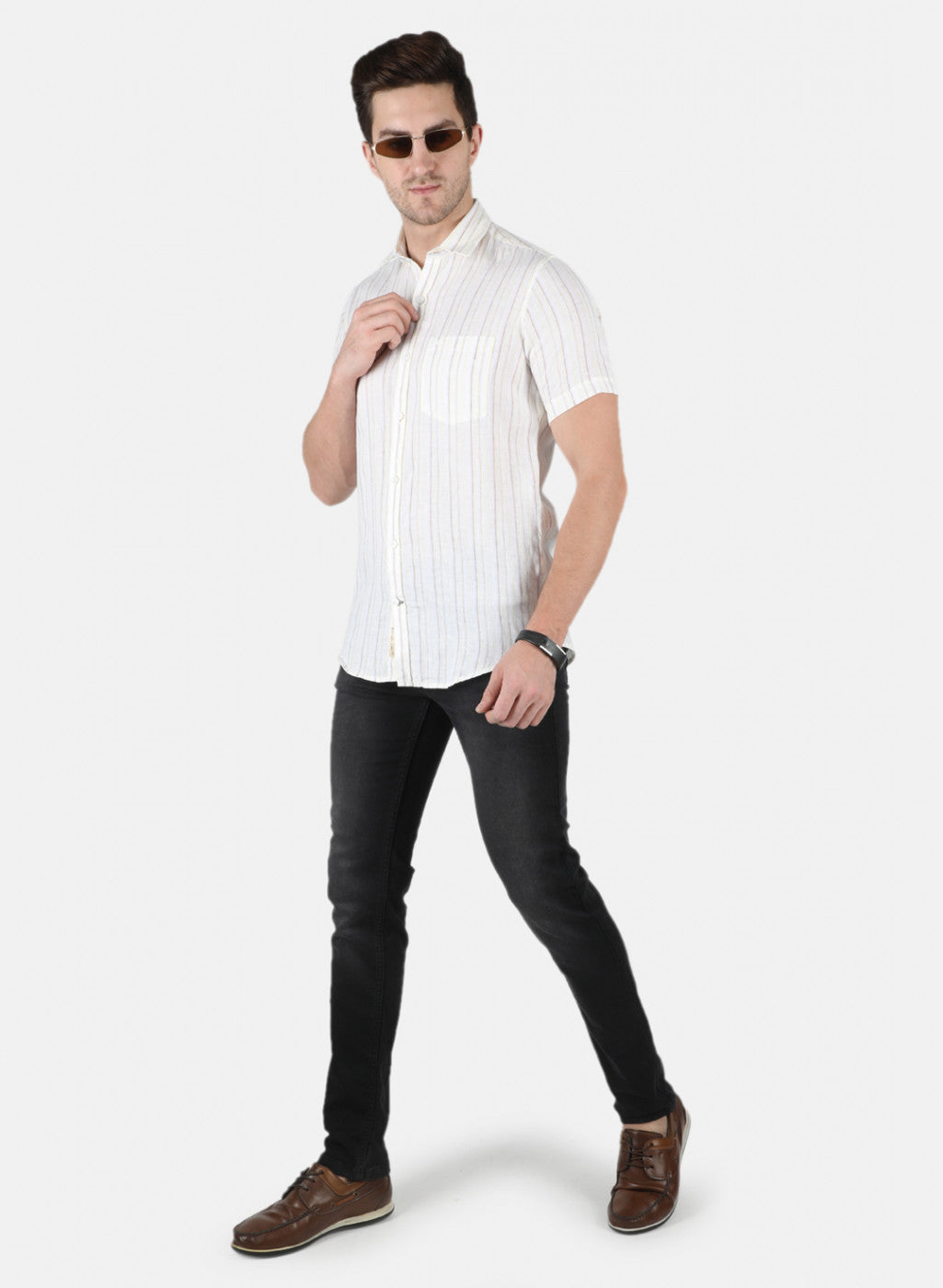 Men Yellow Stripe Linen Shirt