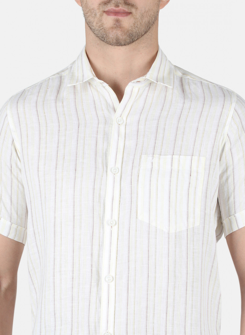 Men Yellow Stripe Linen Shirt