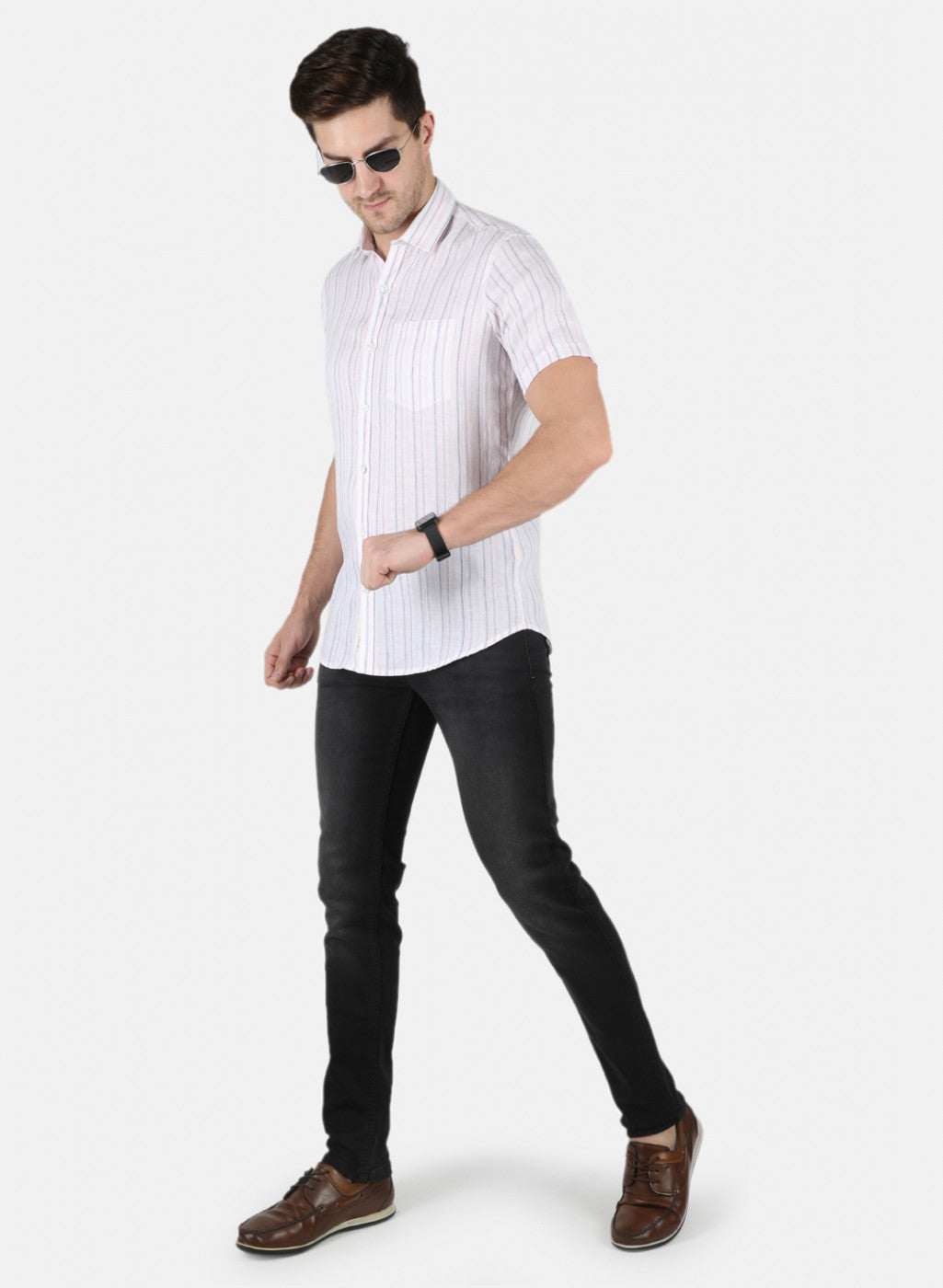 Men Pink Stripe Linen Shirt