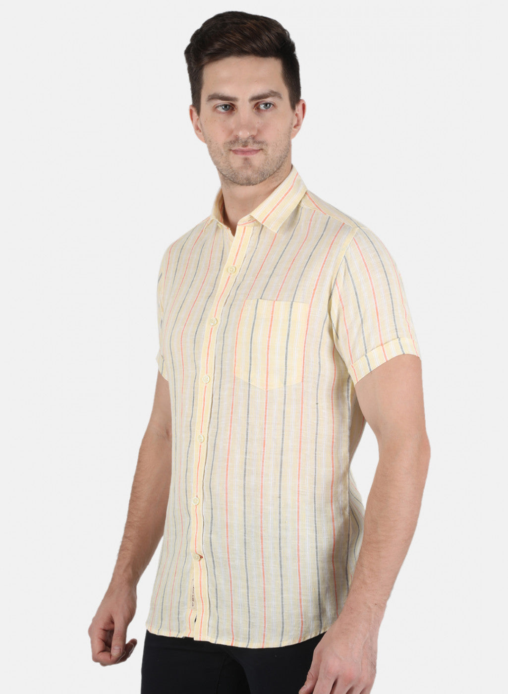 Men Yellow Stripe Linen Shirt