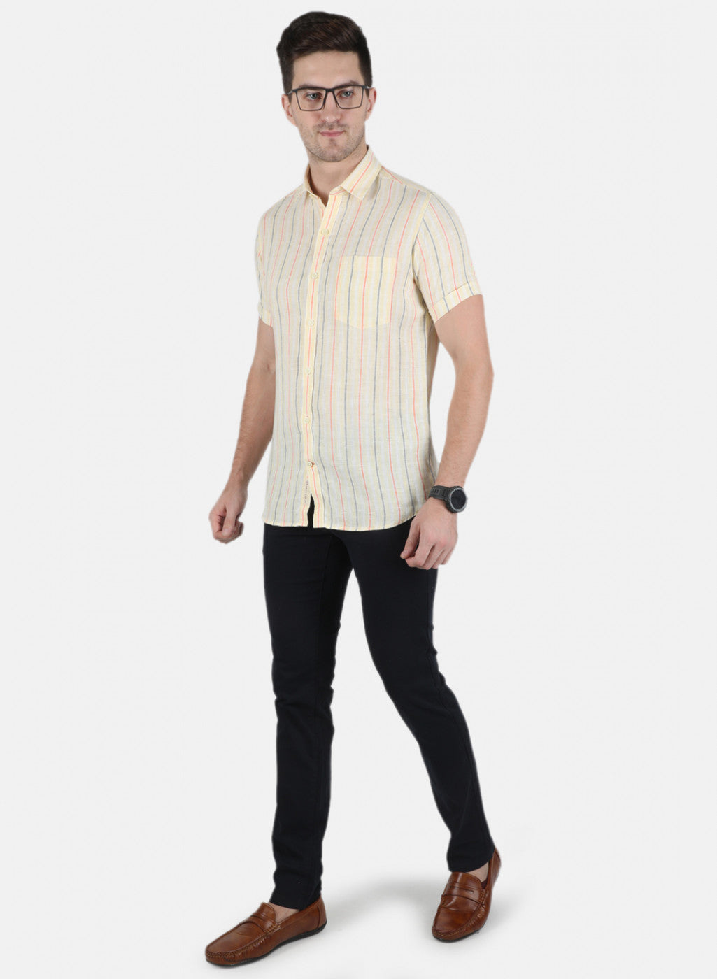 Men Yellow Stripe Linen Shirt