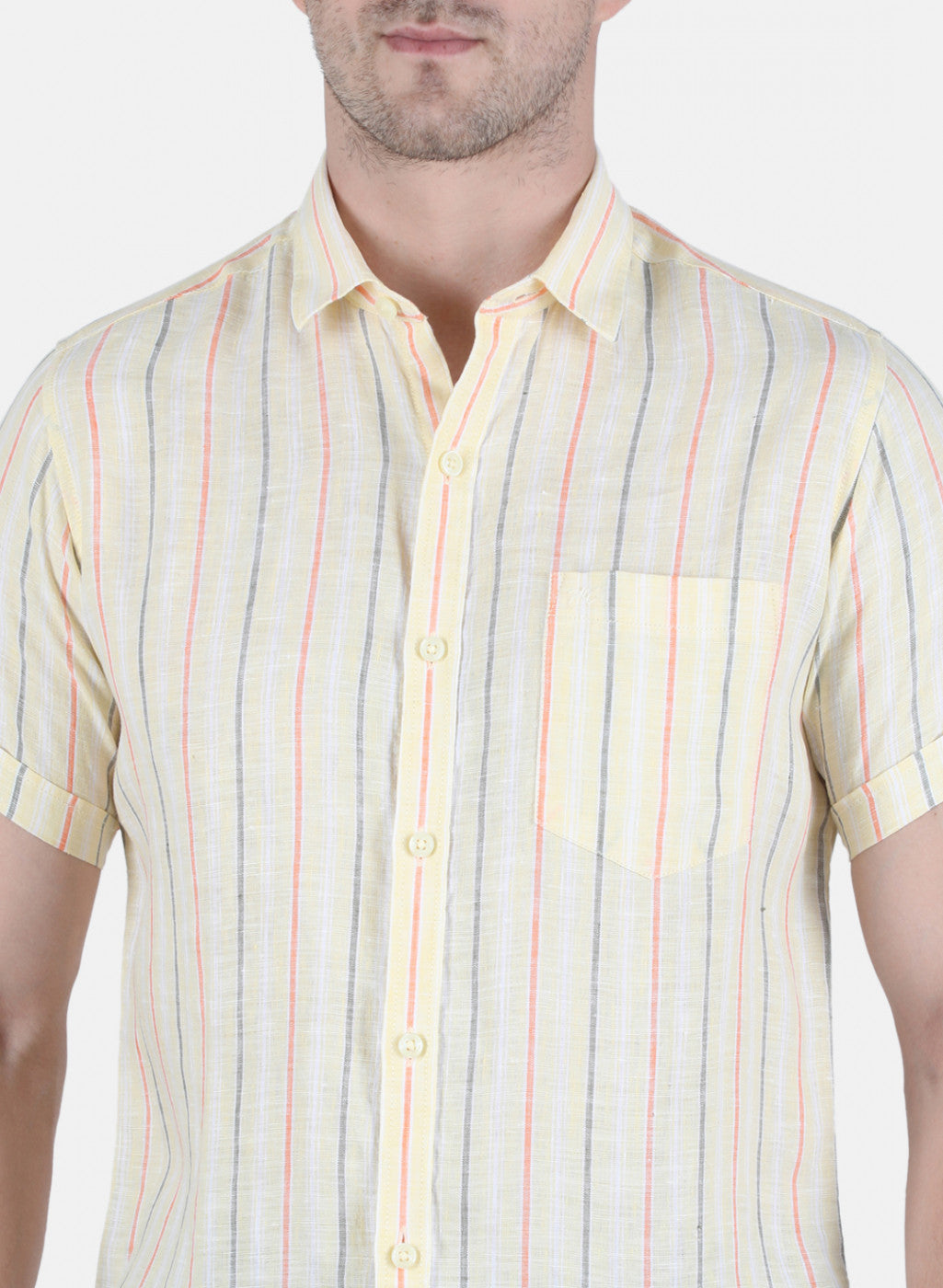 Men Yellow Stripe Linen Shirt