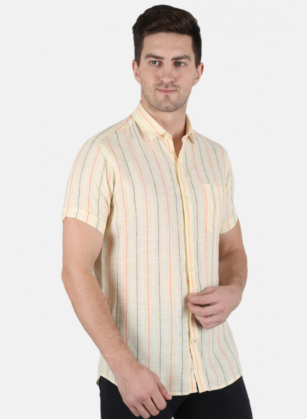Men Yellow Stripe Linen Shirt