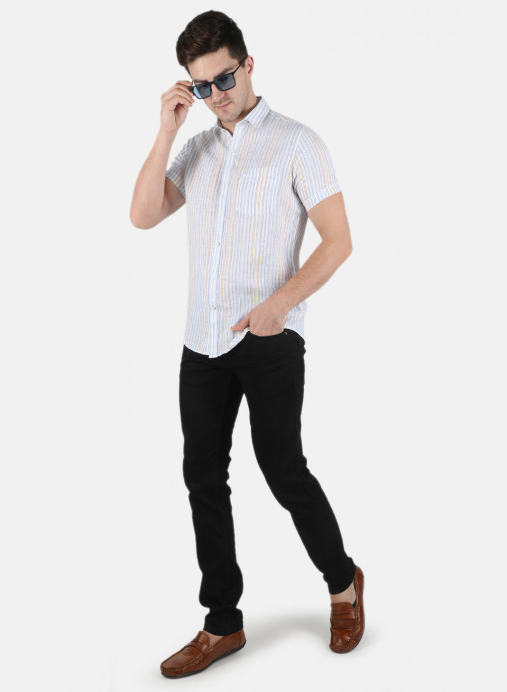 Men Blue Stripe Linen Shirt