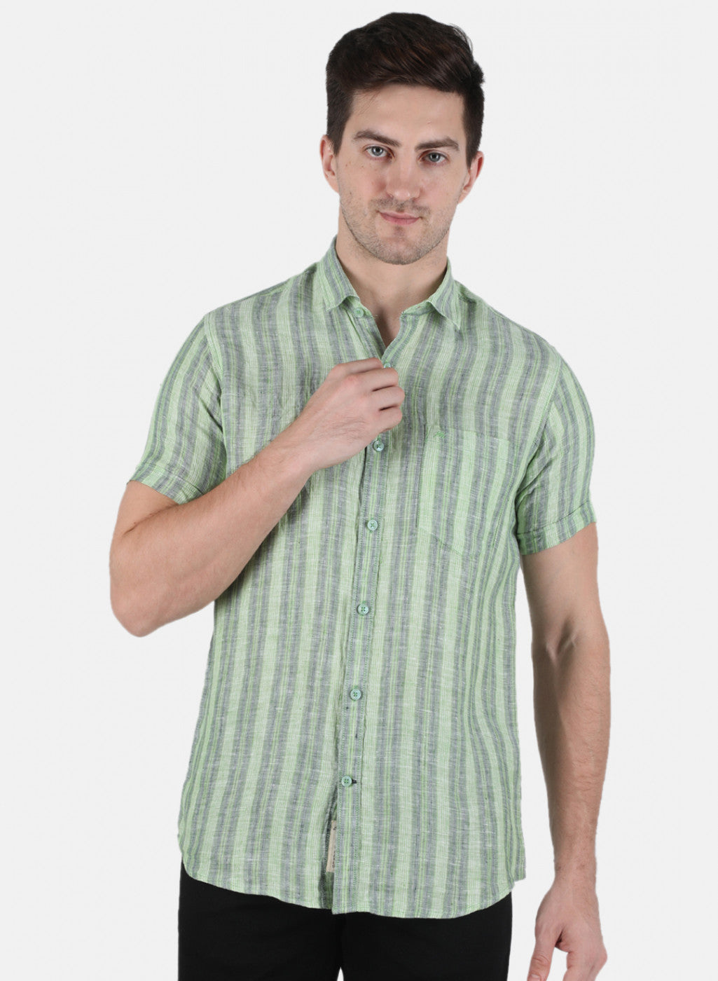 Men Green Stripe Linen Shirt