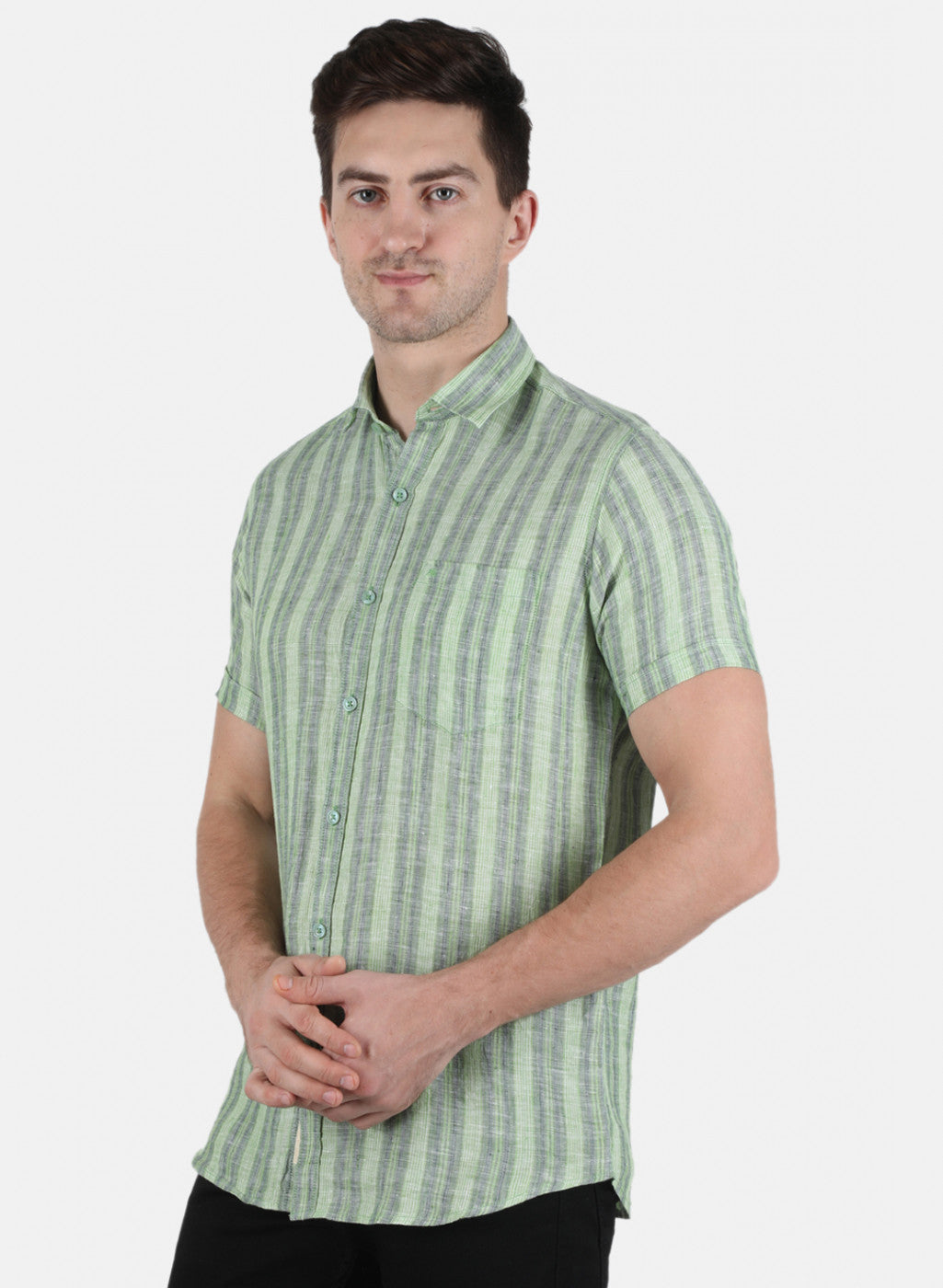 Men Green Stripe Linen Shirt