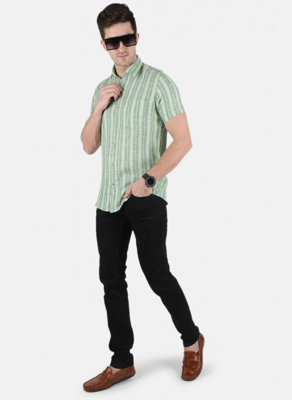 Men Green Stripe Linen Shirt