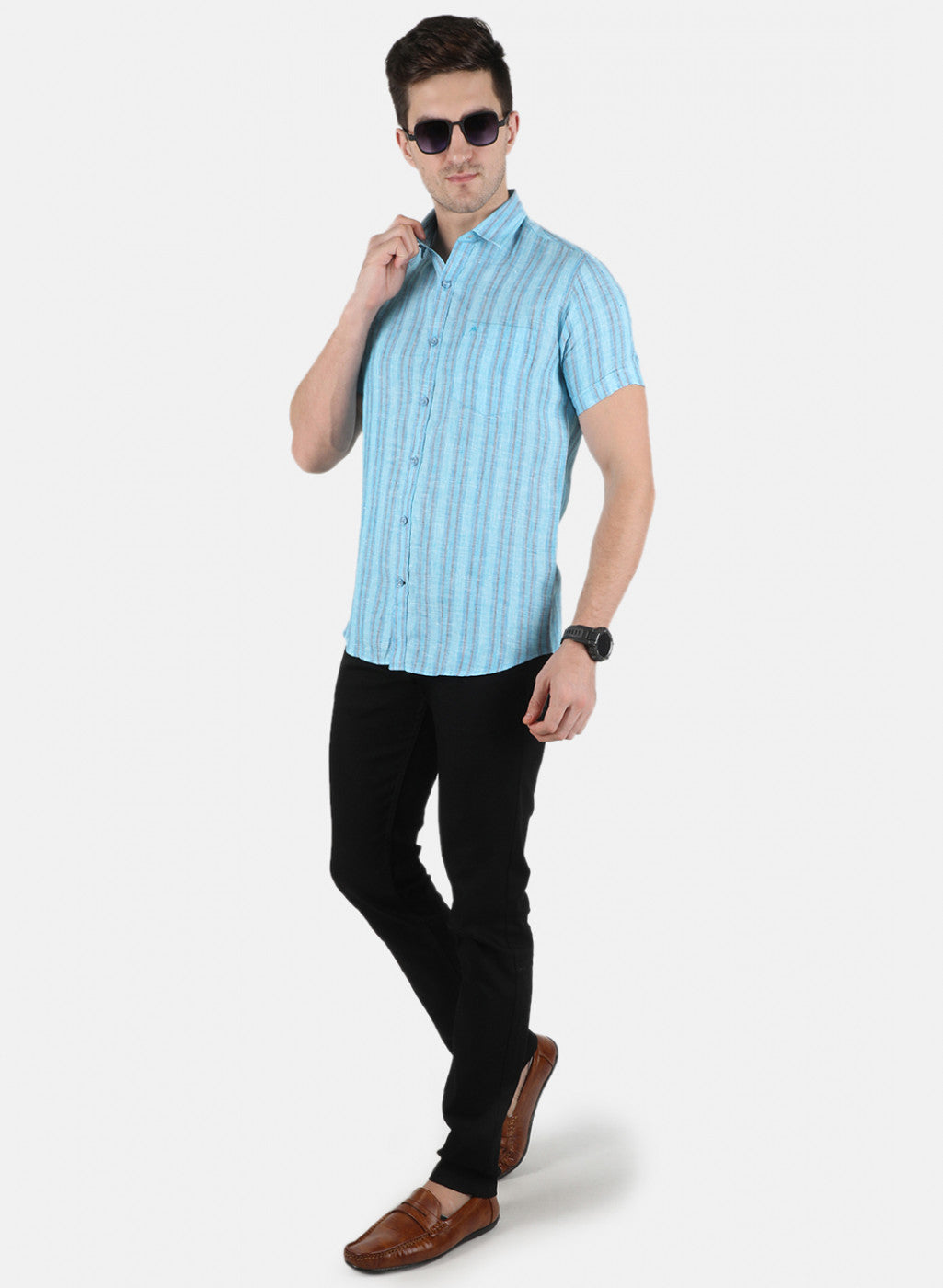 Men Blue Stripe Linen Shirt